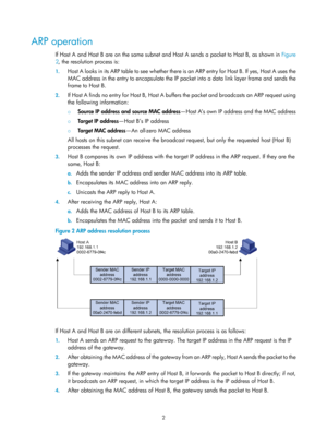 Page 484 2 
ARP operation 
If Host A and Host B are on the same subnet and Host A sends a packet to Host B, as shown in  Figure 
2 , the r
esolution process is: 
1.  Host A looks in its ARP table to see whether there is an ARP entry for Host B. If yes, Host A uses the 
MAC address in the entry to encapsulate the IP pa cket into a data link layer frame and sends the 
frame to Host B. 
2.  If Host A finds no entry for Host B, Host A buff ers the packet and broadcasts an ARP request using 
the following...