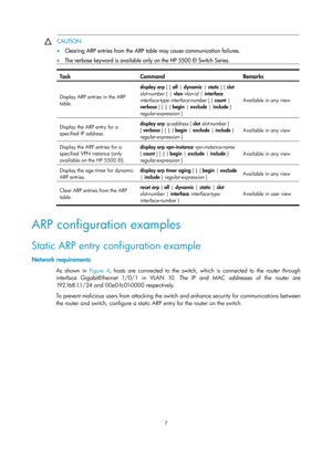 Page 489 7 
 CAUTION: 
•
  Clearing ARP entries from the ARP table may cause communication failures. 
•   The verbose keyword is available only on the HP 5500 EI Switch Series. 
 
Task Command  Remarks 
Display ARP entries in the ARP 
table.  display arp [ [ 
all |  dynamic  | static  ] [ slot 
slot-number  ] | vlan  vlan-id  | interface  
interface-type interface-number  ] [ count | 
verbose  ] [ | { begin |  exclude |  include } 
regular-expression  ]   Available in any view 
Display the ARP entry for a...