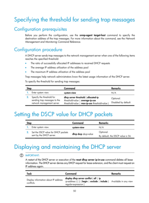 Page 532 50 
Specifying the threshold for sending trap messages 
Configuration prerequisites 
Before you perform the configuration, use the snmp-agent target-host command to specify the 
destination address of the trap messages. For more information about the command, see the  Network 
Management and Monitoring Command Reference . 
Configuration procedure 
A DHCP server sends trap messages to the network management server when one of the following items 
reaches the specified threshold: 
•   The ratio of...