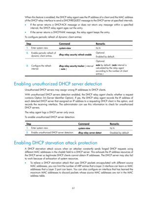 Page 543 61 
When this feature is enabled, the DHCP relay agent uses the IP address of a client and the MAC address 
o f  t h e  D H C P  r e l a y  i n t e r f a c e  t o  s e n d  a  D H C P- R E Q U EST  m essage to the DHCP server at specified intervals.   
•   If the server returns a DHCP-ACK message or does not return any message within a specified 
interval, the DHCP relay agent ages out the entry. 
•   If the server returns a DHCP-NAK message, the relay agent keeps the entry. 
To configure periodic...