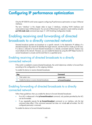 Page 585 103 
Configuring IP performance optimization 
O n ly  t h e  H P  550 0  E I  swi tch  s e rie s  s u p p o r ts  c o n fig u ri ng  I P  p e r fo rm a n c e  o p t i m iza t io n o n  Laye r  3  E t h e rn e t  
interfaces. 
The term interface in this chapter refers to Layer 3 interfaces, including VLAN interfaces and 
route-mode (or Layer 3) Ethernet ports. You can set an  Ethernet port to operate in route mode by using the 
port link-mode route  command (see Layer 2—LAN Switching Configuration...