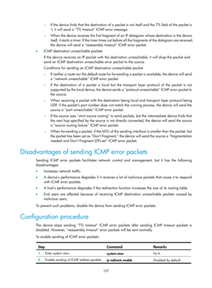Page 589 107 
{ If the device finds that the destination of a packet is not itself and the TTL field of the packet is 
1, it will send a TTL timeout ICMP error message. 
{ When the device receives the first fragment of  an IP datagram whose destination is the device 
itself, it starts a timer. If the timer times out be fore all the fragments of the datagram are received, 
the device will send a reassembly timeout ICMP error packet. 
•   ICMP destination unreachable packets 
If the device receives an IP pac ket...