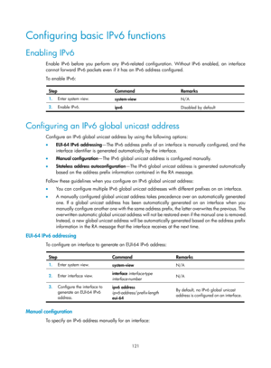 Page 603 121 
Configuring basic IPv6 functions 
Enabling IPv6 
Enable IPv6 before you perform any IPv6-related configuration. Without IPv6 enabled, an interface 
cannot forward IPv6 packets even if it has an IPv6 address configured. 
To enable IPv6: 
 
Step Command Remarks 
1.  Enter system view. 
system-view  N/A 
2.  Enable IPv6. 
ipv6  Disabled by default 
 
Configuring an IPv6 global unicast address 
Configure an IPv6 global unicast address by using the following options: 
•  EUI-64 IPv6 addressing—The IPv6...