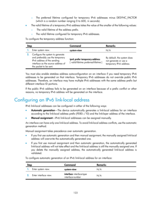 Page 605 123 
{ The preferred lifetime configured for temporary IPv6 addresses minus DESYNC_FACTOR 
(which is a random number ranging 0 to 600, in seconds). 
•   The valid lifetime of a temporary IPv6 address takes the value of the smaller of the following values: 
{  The valid lifetime of the address prefix. 
{ The valid lifetime configured for temporary IPv6 addresses. 
To configure the temporary address function: 
 
Step Command Remarks 
1.   Enter system view. 
system-view N/A 
2.  Configure the system to...