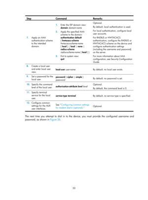 Page 62 50 
Step Command Remarks 
7.  Apply an AAA 
authentication scheme 
to the intended 
domain.  1.
  Enter the ISP domain view:   
domain  domain-name   
2.   Apply the specified AAA 
scheme to the domain:  
authentication default  
{  hwtacacs-scheme  
hwtacacs-scheme -name  
[ local ] |  local | none  |  
radius-scheme  
radius-scheme -name  [ local ] } 
 
3.  Exit to system view:  
quit   Optional. 
By default, local authentication is used. 
 
For local authentication, configure local 
user accounts....