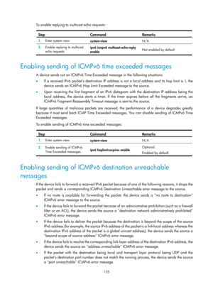Page 617 135 
To enable replying to multicast echo requests:  
Step Command Remarks 
1.  Enter system view. 
system-view  N/A 
2.  Enable replying to multicast 
echo requests.  ipv6 icmpv6 multicast-echo-reply 
enable 
Not enabled by default 
 
Enabling sending of ICMPv6 time exceeded messages 
A device sends out an ICMPv6 Time Exceeded message in the following situations: 
•
  If a received IPv6 packet’s destination IP address  is not a local address and its hop limit is 1, the 
device sends an ICMPv6 Hop Limit...