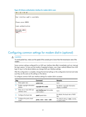 Page 63 51 
Figure 26 Scheme authentication interface for modem dial-in users 
 
 
Configuring common settings for modem dial-in (optional)  
 CAUTION: 
To avoid packet loss, make sure the speed of the cons
ole port is lower than the transmission rate of the 
modem. 
 
Some common settings configured for an AUX user in terface take effect immediately and can interrupt 
the login session. To save you the trouble of repeat ed re-logins, use a login method different from AUX 
login to log in to the device before...