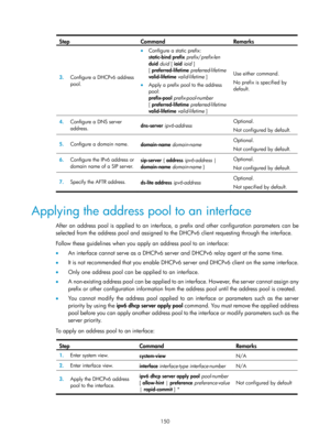 Page 632 150 
Step Command Remarks 
3.  Configure a DHCPv6 address 
pool. 
• Configure a static prefix:  
static-bind prefix  prefix /prefix-len 
duid  duid  [ iaid  iaid  ] 
[ preferred-lifetime  preferred-lifetime  
valid-lifetime  valid-lifetime ]  
• Apply a prefix pool to the address 
pool:  
prefix-pool  prefix-pool-number 
[ preferred-lifetime  preferred-lifetime 
valid-lifetime  valid-lifetime  ]  Use either command. 
No prefix is specified by 
default. 
4.
  Configure a DNS server 
address.  dns-server...