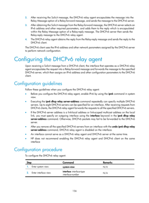 Page 638 156 
2.
 
After receiving the Solicit message, the DHCPv6  relay agent encapsulates the message into the 
Relay Message option of a Relay-forward message, and sends the message to the DHCPv6 server. 
3.  After obtaining the Solicit message from the Rela y-forward message, the DHCPv6 server selects an 
IPv6 address and other required parameters, and adds them to the reply which is encapsulated 
within the Relay Message option of a Relay-reply message. The DHCPv6 server then sends the 
Relay-reply message...