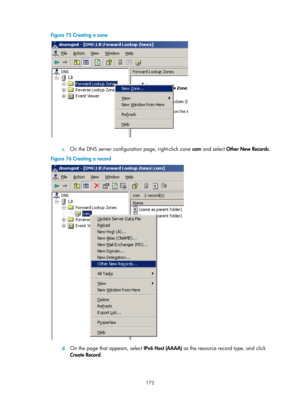 Page 654 172 
Figure 75 Creating a zone 
 
 
c. On the DNS server configuration page, right-click zone  com and select  Other New Records . 
Figure 76  Creating a record 
 
 
d. On the page that appears, select  IPv6 Host (AAAA) as the resource record type, and click 
Create Record .  