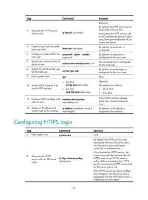 Page 67 55 
Step Command Remarks 
4.  Associate the HTTP service 
with an ACL.  ip http acl
 acl-number   Optional. 
By default, the HTTP service is not 
associated with any ACL. 
Associating the HTTP service with 
an ACL enables the device to allow 
only clients permitted by the ACL to 
access the device. 
5.
  Create a local user and enter 
local user view.  local-user 
user-name  By default, no local user is 
configured.  
6.
  Configure a password for the 
local user.  password
 { cipher |  simple }...