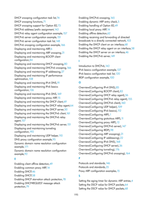 Page 677 195 
DHCP snooping configuration task list,74 
DHCP sn
ooping functions, 71 
DHCP sn

ooping support for Option 82, 73 
D

HCPv6 address/prefix assignment, 14 3 
D

HCPv6 relay agent configuration example, 15 7 
D

HCPv6 server configuration example, 151 
D

HCPv6 server configuration task list, 14 8 
D

HCPv6 snooping configuration example, 16 6 
Displa

ying and maintaining ARP, 6 
Displa

ying and maintaining ARP snooping, 21 
Displa

ying and maintaining BOOTP client 
configuration, 84 
Displa

ying...