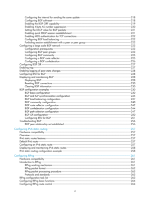 Page 684vi 
Configuring the interval for sending the same update ··················\
··················\
··················\
··················\
·· ·········· 218 
Configuring BG P soft-reset··················\
··················\
··················\
··················\
··················\
··········· ··················\
··········· 218 
Enabling the BGP ORF capability··················\
··················\
··················\
··················\
··················\
······ ··················\
···· 219 
Enabling...