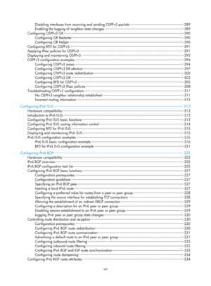 Page 686viii 
Disabling interfaces from receiving and sending OSPFv3 packets ··················\
··················\
··················\
·········  289 
Enabling the logging of neighbor state changes ··················\
··················\
··················\
··················\
········ ············· 289 
Configuring OS PFv3 GR ··················\
··················\
··················\
··················\
··················\
··············· ··················\
··················\
 290 
Configuring GR Restarter...