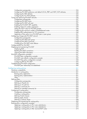 Page 687ix 
Configuration prerequisites ··················\
··················\
··················\
··················\
··················\
···························\
··········· 334 
Configuring IPv6 BGP preference and defaul t LOCAL_PREF and NEXT_HOP attributes ··················\
··········  334 
Configuring the MED attribute ··················\
··················\
··················\
··················\
··················\
······· ··················\
········ 335 
Configuring the AS_PATH attribute...