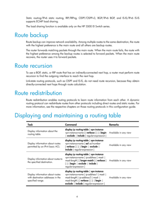 Page 6934 
Static routing/IPv6 static routing, RIP/RIPng, OSPF/OSPFv3, BGP/IPv6 BGP, and IS-IS/IPv6 IS-IS 
supports ECMP load sharing. 
The load sharing function is available only on the HP 5500 EI Switch series. 
Route backup 
Route backup can improve network availability. Among mul t i p l e  ro u t e s  t o  t h e  s a m e  d e s t i n a t i o n,  t h e  ro u t e  
with the highest preference is the main route and all others are backup routes. 
The router forwards matching packets through the main route. When...