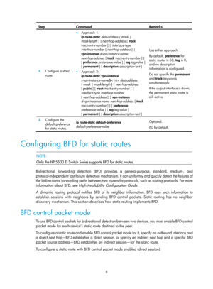 Page 697 8 
Step Command Remarks 
2.  Configure a static 
route.  
• Approach 1:  
ip  route-static  dest-address  { mask | 
mask-length  } { next-hop-address  [ track 
track-entry-number ] |  interface-type 
interface-number [ next-hop-address  ] | 
vpn-instance  d-vpn-instance-name 
next-hop-address  [ track track-entry-numbe r ] } 
[  preference  preference-value  ] [ tag tag-value ] 
[ permanent  ] [ description  description-text  ] 
• Approach 2:  
ip route-static  vpn-instance  
s-vpn-instance-nam e&...