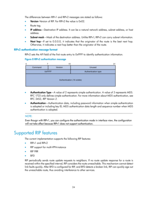 Page 713 24 
The differences between RIPv1 and RIPv2 messages are stated as follows: 
•   Version –Version of RIP. For RIPv2 the value is 0x02. 
•   Route tag. 
•   IP address —Destination IP address. It can be a natural network address, subnet address, or host 
address. 
•   Subnet mask —Mask of the destination address. Unlike RIPv1, RIPv2 can carry subnet information. 
•   Next hop —If set to 0.0.0.0, it indicates that the originator of the route is the best next hop. 
Otherwise, it indicates a next hop better...