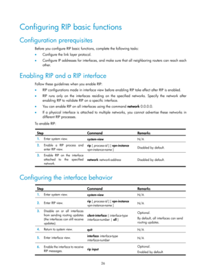 Page 715 26 
Configuring RIP basic functions 
Configuration prerequisites 
Before you configure RIP basic functions, complete the following tasks: 
•  Configure the link layer protocol. 
•   Configure IP addresses for interfaces, and make sure that all neighboring routers can reach each 
other. 
Enabling RIP and a RIP interface 
Follow these guidelines when you enable RIP: 
•  RIP configurations made in interface view before enabling RIP take effect after RIP is enabled. 
•   RIP runs only on the interfaces...