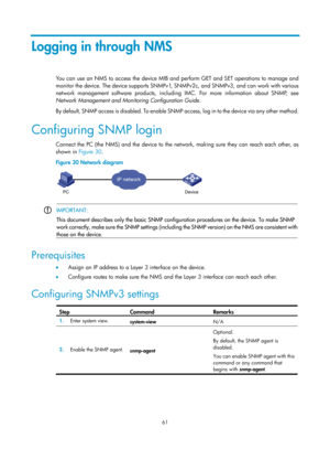 Page 73 61 
Logging in through NMS 
You can use an NMS to access the device MIB and perform GET and SET operations to manage and 
monitor the device. The device supports SNMPv1, SNMPv2c, and SNMPv3, and can work with various 
network management software products, including IMC. For more information about SNMP, see 
Network Management and Monitoring Configuration Guide. 
By default, SNMP access is disabled. To enable SNMP access, log in to the device via any other method. 
Configuring SNMP login 
Connect the PC...