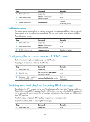 Page 722 33 
Step Command Remarks 
1.  Enter system view. 
system-view  N/A 
2.  Enter interface view.  interface
 interface-type 
interface-number  N/A 
3.
  Enable split horizon. 
rip split-horizon  Optional. 
Enabled by default. 
 
Enabling poison reverse 
The poison reverse function allows an interface to advertise the routes received from it, but the metric of 
these routes is set to 16, making them unreachable. This can avoid routing loops between neighbors.  
To enable poison reverse: 
 
Step Command...