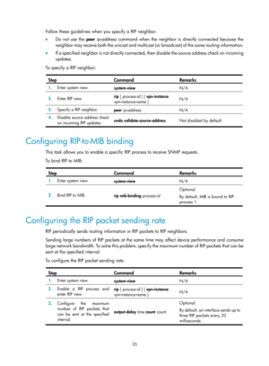 Page 724 35 
Follow these guidelines when you specify a RIP neighbor: 
•  Do not use the  peer ip-address  command when the neighbor is directly connected because the 
neighbor may receive both the unicast and multicast (or broadcast) of the same routing information. 
•   If a specified neighbor is not directly connected, then disable the source address check on incoming 
updates. 
To specify a RIP neighbor: 
 
Step Command Remarks 
1.   Enter system view. 
system-view  N/A 
2.  Enter RIP view.  rip
 [...