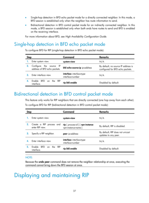 Page 726 37 
•  Single-hop detection in BFD echo packet mode for  a directly connected neighbor. In this mode, a 
BFD session is established only when the neighbor has route information to send. 
•   Bidirectional detection in BFD control packet mode  for an indirectly connected neighbor. In this 
mode, a BFD session is established only when both  ends have routes to send and BFD is enabled 
on the receiving interface. 
For more information about BFD, see  High Availability Configuration Guide .  
Single-hop...