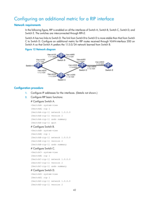 Page 731 42 
Configuring an additional metric for a RIP interface 
Network requirements 
I n  t h e  fo l l owi n g  fi g u re,  R I P  i s  e n a b l e d  o n  a l l  t h e  i n t e r fa c e s  o f  Swi tch  A ,  Swi t ch  B,  Swi tch  C ,  Swi tch  D,  a n d  
Switch E. The switches are interconnected through RIPv2. 
Swi t c h  A  h a s  t w o  l i n k s  t o  Swi t c h  D.  T h e  l i n k  f ro m  Swi t c h  B  t o  Swi t c h  D  i s  m o re  s t a b l e  t h a n  t h a t  f ro m  Swi t c h  
C to Switch D....