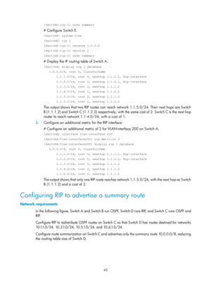 Page 732 43 
[SwitchD-rip-1] undo summary 
# Configure Switch E. 
 system-view 
[SwitchE] rip 1 
[SwitchE-rip-1] network 1.0.0.0 
[SwitchE-rip-1] version 2 
[SwitchE-rip-1] undo summary 
# Display the IP routing table of Switch A. 
[SwitchA] display rip 1 database 
   1.0.0.0/8, cost 0, ClassfulSumm 
       1.1.1.0/24, cost 0, nexthop 1.1.1.1, Rip-interface 
       1.1.2.0/24, cost 0, nexthop 1.1.2.1, Rip-interface 
       1.1.3.0/24, cost 1, nexthop 1.1.1.2 
       1.1.4.0/24, cost 1, nexthop 1.1.2.2...