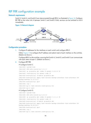 Page 735 46 
RIP FRR configuration example 
Network requirements 
Switch S, Switch A, and Switch D are interconnected through RIPv2, as illustrated in  Figure 14. C onfigure 
RIP FRR so that when Link A between Switch S and Switch D fails, services can be switched to Link B 
immediately. 
Figure 14  Network diagram 
 
 
Configuration procedure 
1. Configure IP addresses for the interfaces  on each switch and configure RIPv2: 
Follow  Figure 14  to c
 onfigure the IP address and subnet mask of each interface on...