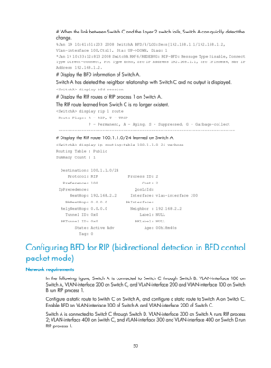 Page 739 50 
# When the link between Switch C and the Layer 2 switch fails, Switch A can quickly detect the 
change. 
%Jan 19 10:41:51:203 2008 SwitchA BFD/4/LOG:Sess[192.168.1.1/192.168.1.2\
, 
Vlan-interface 100,Ctrl], Sta: UP->DOWN, Diag: 1 
*Jan 19 10:33:12:813 2008 SwitchA RM/6/RMDEBUG: RIP-BFD: Message Type Disable, Connect 
Type Direct-connect, Pkt Type Echo, Src IP Address 192.168.1.1, Src IFIndex4, Nbr IP 
Address 192.168.1.2. 
# Display the BFD information of Switch A. 
Switch A has deleted the...