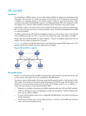 Page 751 62 
DR and BDR 
Introduction 
On a broadcast or NBMA network, any two routers need to establish an adjacency to exchange routing 
information with each other. If n routers are present on the network, n(n-1)/2 adjacencies are required. 
In addition, any topology change on the network results in traffic for route synchronization, which 
consumes many system and bandwidth resources. The  Designated Router (DR) was introduced to solve 
this problem. On a network, a DR is elected to advertise routing...