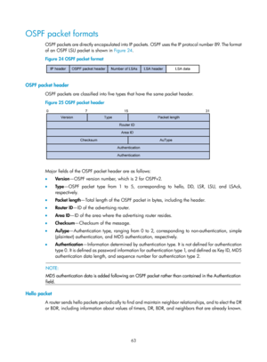 Page 752 63 
OSPF packet formats 
OSPF packets are directly encapsulated into IP packets.  O S P F  u s e s  t h e  I P  p r o t o c o l  n u m b e r  89.  T h e  f o r m a t  
of an OSPF LSU packet is shown in  Figure 24. 
Figure 24  OSPF packet 

format 
 
 
OSPF packet header 
OSPF packets are classified into five types that have the same packet header. 
Figure 25 OSPF packet header 
 
 
Major fields of the OSPF packet header are as follows: 
•  Version —OSPF version number, which is 2 for OSPFv2. 
•   Ty p e...