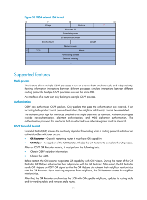 Page 760 71 
Figure 36 NSSA external LSA format 
 
 
Supported features  
Multi-process 
This feature allows multiple OSPF processes to run on a router both simultan eously and independently. 
Routing information interactions between different  processes simulate interactions between different 
routing protocols. Multiple OSPF processes can use the same RID. 
An interface of a router can only  belong to a single OSPF process. 
Authentication 
OSPF can authenticate OSPF packets. Only packets that pass the...