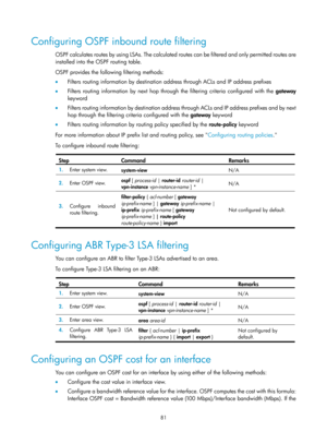 Page 770 81 
Configuring OSPF inbound route filtering 
O S P F  c a l cu l a t e s  ro u t e s  by  u s i n g  L SA s .  T h e  c a l c u l a t e d  routes can be filtered and only permitted routes are 
installed into the OSPF routing table. 
OSPF provides the following filtering methods: 
•   Filters routing information by destination address through ACLs and IP address prefixes 
•   Filters routing information by next hop through the filtering criteria configured with the  gateway 
keyword 
•   Filters routing...