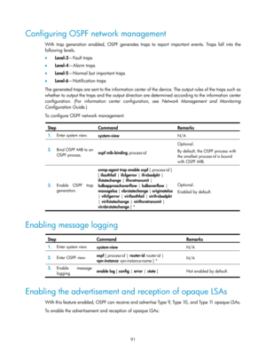Page 780 91 
Configuring OSPF network management 
With trap generation enabled, OSPF generates traps to report important events. Traps fall into the 
following levels. 
•  Level-3 —Fault traps 
•   Level-4 —Alarm traps  
•   Level-5 —Normal but important traps 
•   Level-6 —Notification traps 
The generated traps are sent to the information center of the device. The output rules of the traps such as 
whether to output the traps and the output direction  are determined according to the information center...