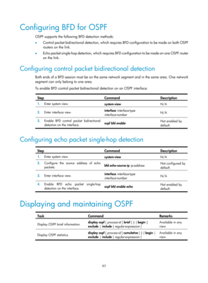 Page 786 97 
Configuring BFD for OSPF 
OSPF supports the following BFD detection methods: 
•  Control packet bidirectional detection, which requir es BFD configuration to be made on both OSPF 
routers on the link.  
•   Echo packet single-hop detection, which requires BF D configuration to be made on one OSPF router 
on the link.  
Configuring control packet bidirectional detection 
Both ends of a BFD session must be on the same  network segment and in the same area. One network 
segment can only belong to one...