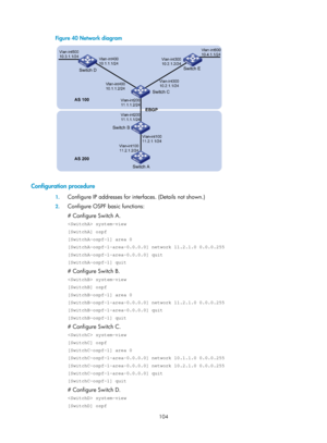 Page 793 104 
Figure 40 Network diagram 
 
 
Configuration procedure 
1. Configure IP addresses for inte rfaces. (Details not shown.) 
2. Configure OSPF basic functions: 
# Configure Switch A. 
 system-view 
[SwitchA] ospf 
[SwitchA-ospf-1] area 0 
[SwitchA-ospf-1-area-0.0.0.0] network 11.2.1.0 0.0.0.255 
[SwitchA-ospf-1-area-0.0.0.0] quit 
[SwitchA-ospf-1] quit 
# Configure Switch B. 
 system-view 
[SwitchB] ospf 
[SwitchB-ospf-1] area 0 
[SwitchB-ospf-1-area-0.0.0.0] network 11.2.1.0 0.0.0.255...