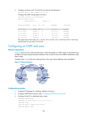 Page 795 106 
5.
 
Configure summary route 10.0.0.0/8 on Switch B and advertise it: 
[SwitchB-ospf-1] asbr-summary 10.0.0.0 8 
# Display the OSPF routing table of Switch A. 
[SwitchA] display ip routing-table 
Routing Tables: Public 
         Destinations : 5        Routes : 5 
 
Destination/Mask    Proto  Pre  Cost         NextHop         Interface 
 
10.0.0.0/8          O_ASE  150  2            11.2.1.1        Vlan100 
11.2.1.0/24         Direct 0    0            11.2.1.2        Vlan100 
11.2.1.2/32...