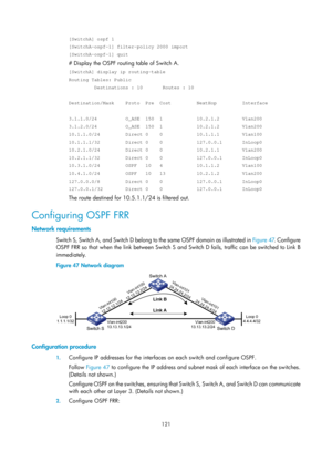 Page 810 121 
[SwitchA] ospf 1 
[SwitchA-ospf-1] filter-policy 2000 import 
[SwitchA-ospf-1] quit 
# Display the OSPF routing table of Switch A. 
[SwitchA] display ip routing-table 
Routing Tables: Public 
         Destinations : 10       Routes : 10 
 
Destination/Mask    Proto  Pre  Cost         NextHop         Interface 
 
3.1.1.0/24          O_ASE  150  1            10.2.1.2        Vlan200 
3.1.2.0/24          O_ASE  150  1            10.2.1.2        Vlan200 
10.1.1.0/24         Direct 0    0...