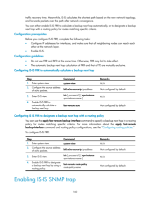 Page 849 160 
traffic recovery time. Meanwhile, IS-IS calculates the shortest path based on the new network topology, 
and forwards packets over the path after network convergence. 
You can either enable IS-IS FRR to calculate a backup next hop automatically, or to designate a backup 
next hop with a routing policy for routes matching specific criteria.  
Configuration prerequisites 
Before you configure IS-IS FRR, complete the following tasks: 
•   Configure IP addresses for interfaces, and make sure that all...