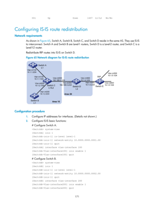 Page 860 171 
001         Up                 Down       1497  L1/L2   No/No 
 
Configuring IS-IS route redistribution 
Network requirements 
As shown in Figure 65, S witch A, Switch B, Switch C, and Switch D reside in the same AS. They use IS-IS 
to interconnect. Switch A and Switch B are Level-1 routers, Switch D is a Level-2 router, and Switch C is a 
Level-1-2 router.  
Redistribute RIP routes into IS-IS on Switch D. 
Figure 65  Network diagram for IS-IS route redistribution 
 
 
Configuration procedure 
1....