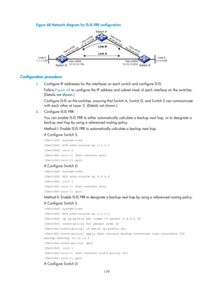 Page 868 179 
Figure 68 Network diagram for IS-IS FRR configuration 
 
 
Configuration procedure 
1. Configure IP addresses for the interfaces  on each switch and configure IS-IS: 
Follow  Figure 68  to c
 onfigure the IP address and subnet mask of each interface on the switches. 
(Details not shown.) 
Configure IS-IS on the switches, ensuring that Switch A, Switch D, and Switch S can communicate 
with each other at Layer 3. (Details not shown.) 
2.  Configure IS-IS FRR: 
You can enable IS-IS FRR to either...