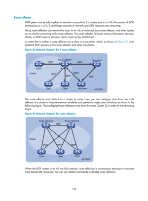 Page 887 198 
Route reflector 
I BG P  pe ers  must be  fu l ly mes he d to  mai ntai n c onne ctivi t y. I f  n  routers  exist i n an AS,  the  nu mber  of  I BG P 
connections is n (n-1)/2, and large amounts of network and CPU resources are consumed. 
Using route reflectors can resolve this issue. In an AS, a router acts as a route reflector, and other routers 
act as clients connecting to the route reflector. The route reflector forwards routing information between 
clients, so BGP sessions between clients...