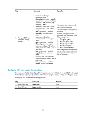 Page 897 208 
Step Command  Remarks 
3.  Configure BGP route 
distribution filtering 
policies. 
• Configure the filtering of 
redistributed routes: 
filter-policy  { acl-number  |  ip-prefix  
ip-prefix-name  }  export [ direct  | isis 
process-id  |  ospf  process-id  |  rip 
process-id  |  static  ] 
•  Reference a routing policy to filter 
advertisements to a peer or peer 
group: 
peer {  group-name  | ip-address  } 
route-policy  route-policy-name 
export 
•  Reference an ACL to filter 
advertisements to a...