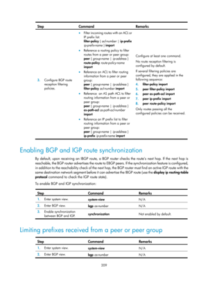 Page 898 209 
Step Command  Remarks 
3.  Configure BGP route 
reception filtering 
policies. 
• Filter incoming routes with an ACL or 
IP prefix list: 
filter-policy  { acl-number  | ip-prefix  
ip-prefix-name  } import 
• Reference a routing policy to filter 
routes from a peer or peer group: 
peer { group-name  | ip-address  } 
route-policy  route-policy-name 
import 
•  Reference an ACL to filter routing 
information from a peer or peer 
group: 
peer { group-name  | ip-address  } 
filter-policy  acl-number...