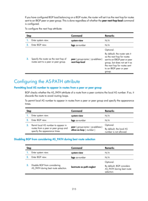 Page 904 215 
If you have configured BGP load balancing on a BGP router, the router will set it as the next hop for routes 
s e n t  t o  a n  I B G P  p e e r  o r  p e e r  g r o u p.  T h i s  i s  d o n e  r e g a r d l e s s  o f  w h e t h e r  t h e   peer next-hop-local command 
is configured.  
To configure the next hop attribute: 
 
Step Command  Remarks 
1.  Enter system view. 
system-view N/A 
2.
  Enter BGP view. 
bgp as-number   N/A 
3.  Specify the router as the next hop of 
routes sent to a peer...