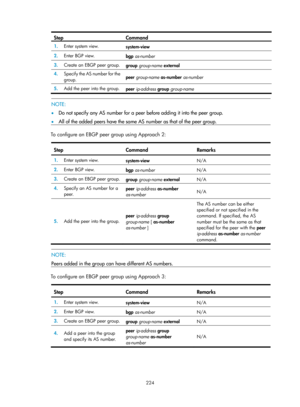 Page 913 224 
Step Command 
1.  Enter system view. 
system-view 
2.  Enter BGP view. 
bgp as-number  
3.  Create an EBGP peer group. 
group group-name  external 
4.   Specify the AS number for the 
group.  peer group-name
 as-number  as-number  
5.  Add the peer into the group. 
peer ip-address  group  group-name   
 
 NOTE: 
•  Do not specify any AS number for a peer before adding it into the peer group.  
•   All of the added peers have the same AS number as that of the peer group.  
 
To configure an EBGP...