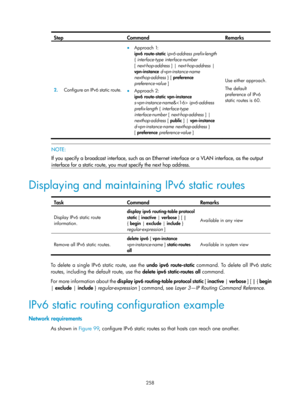 Page 947 258 
Step Command Remarks 
2.  Configure an IPv6 static route.  
• Approach 1:  
ipv6 route-static i pv6-address prefix-length  
{  interface-type interface-number  
[ next-hop-address  ] | next-hop-address  | 
vpn-instance  d-vpn-instance-name 
nexthop-address  } [ preference 
preference-value  ] 
• Approach 2: 
ipv6 route-static  vpn-instance 
s-vpn-instance-name & ipv6-address 
prefix-length  { interface-type 
interface-number  [ next-hop-address  ] | 
nexthop-address  [ public ] | vpn-instance...