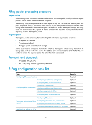 Page 952 263 
RIPng packet processing procedure 
Request packet 
When a RIPng router first starts or needs to update entries in its routing table, usually a multicast request 
packet is sent to ask for needed routes from neighbors. 
The receiving RIPng router processes RTEs in the reques t. If only one RTE exists with the IPv6 prefix and 
prefix length both being 0, and with a metric value of 16, the RIPng router will respond with the entire 
routing table information in response messages. If multiple RTEs exist...